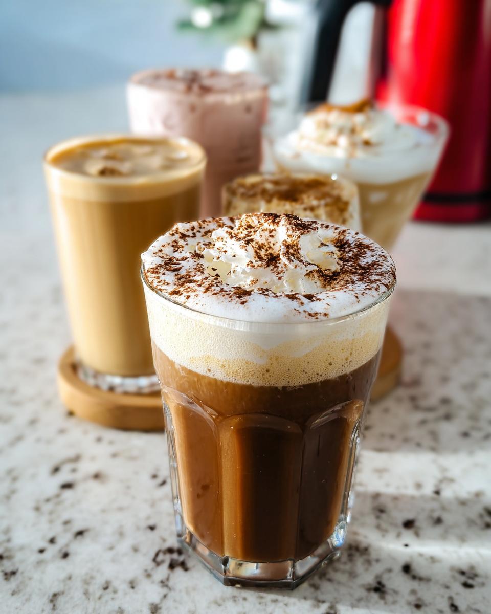 A collection of iced Starbucks drinks recipes, including coffee, mocha, and frappuccino styles, topped with whipped cream and chocolate shavings.