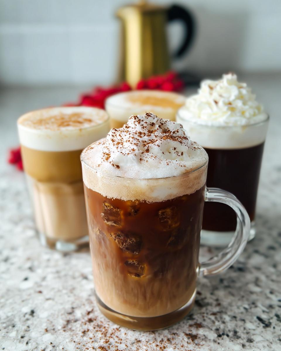 A selection of iced and hot Starbucks drinks recipes, including lattes and coffee with whipped cream, dusted with cinnamon.