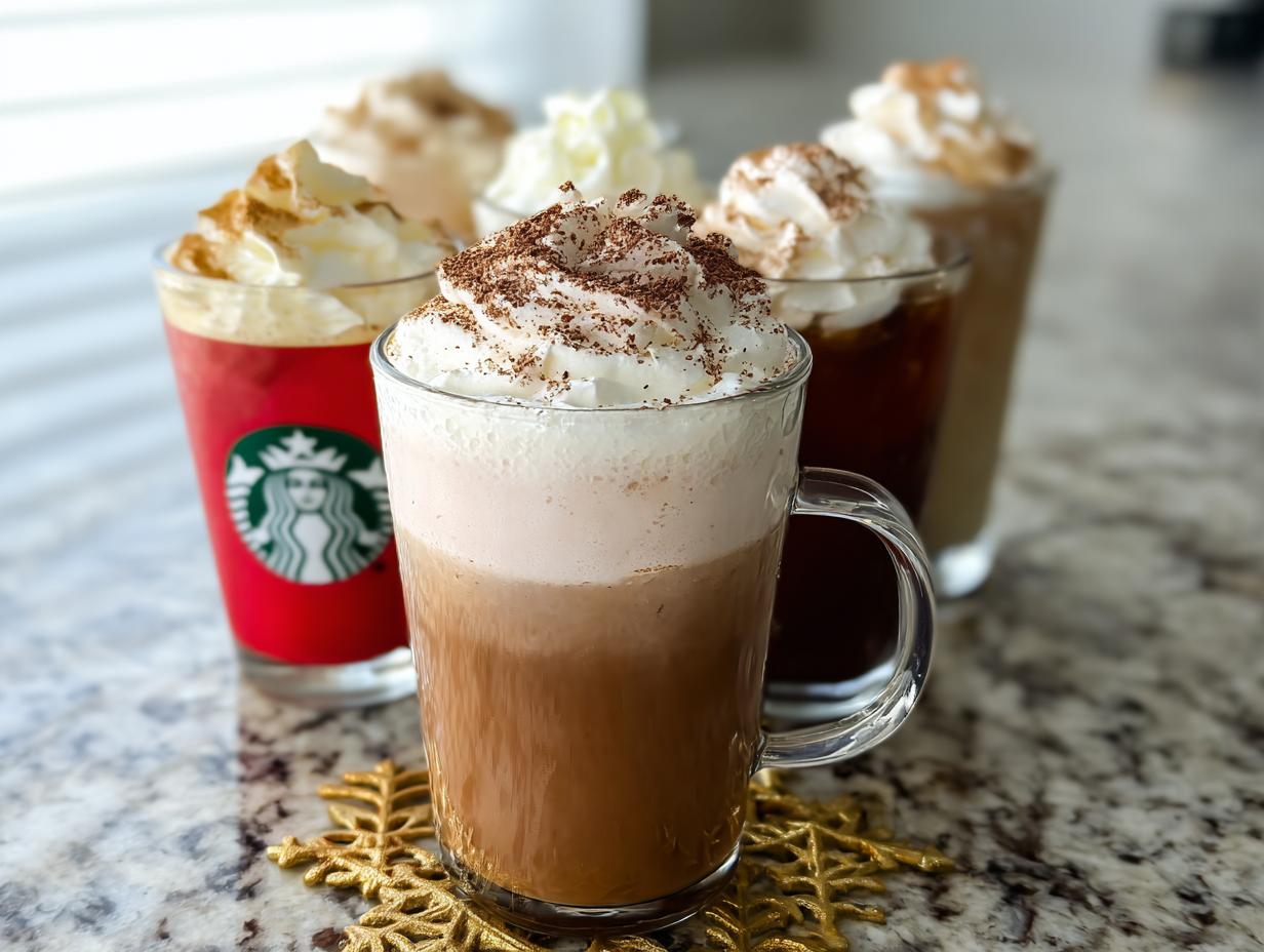 A selection of delicious Starbucks drinks recipes, featuring whipped cream and toppings.