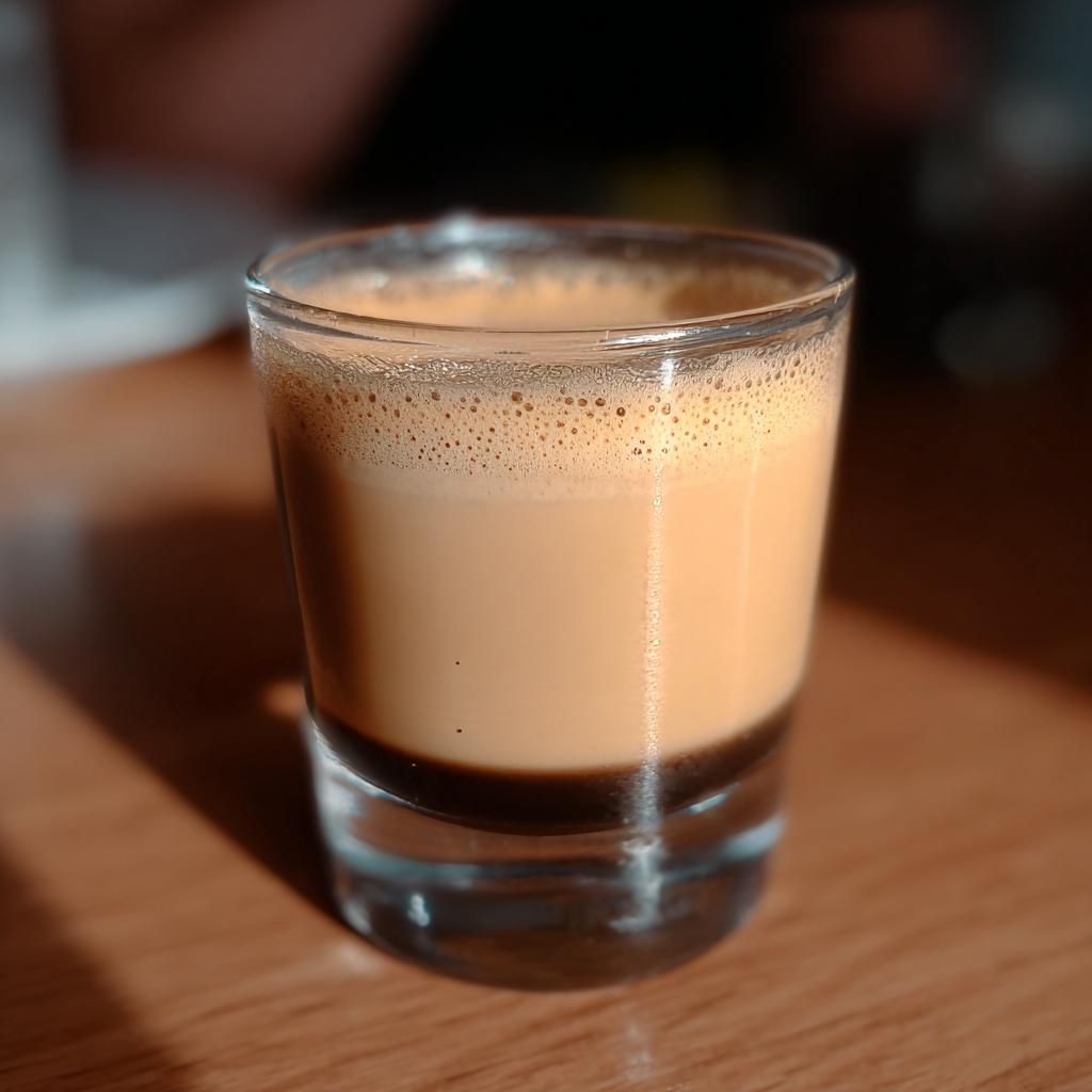 A layered espresso shot with dark coffee at the bottom and creamy foam on top, perfect for Starbucks drinks recipes.
