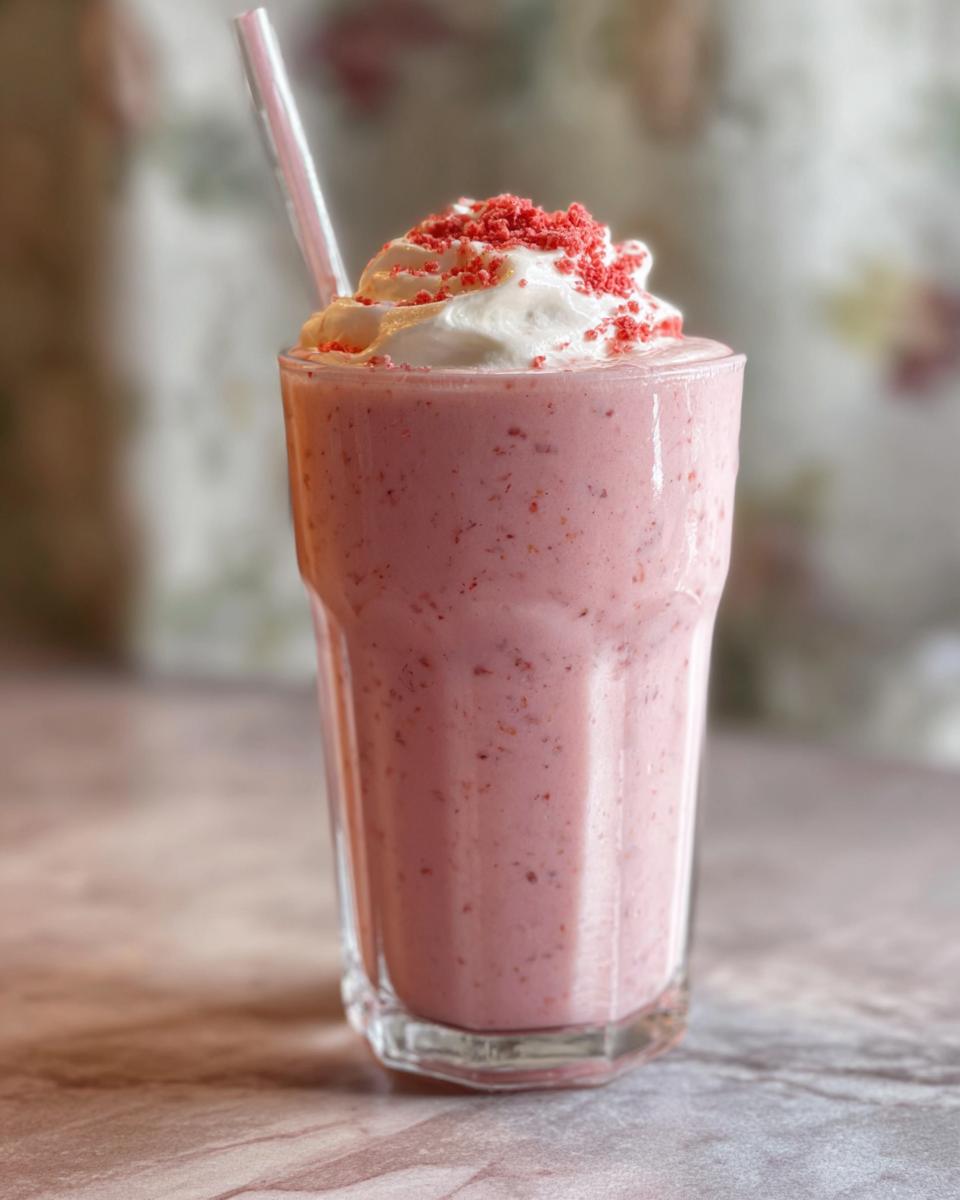 A refreshing Starbucks Pink Drink recipe with whipped cream and strawberry topping in a tall glass.