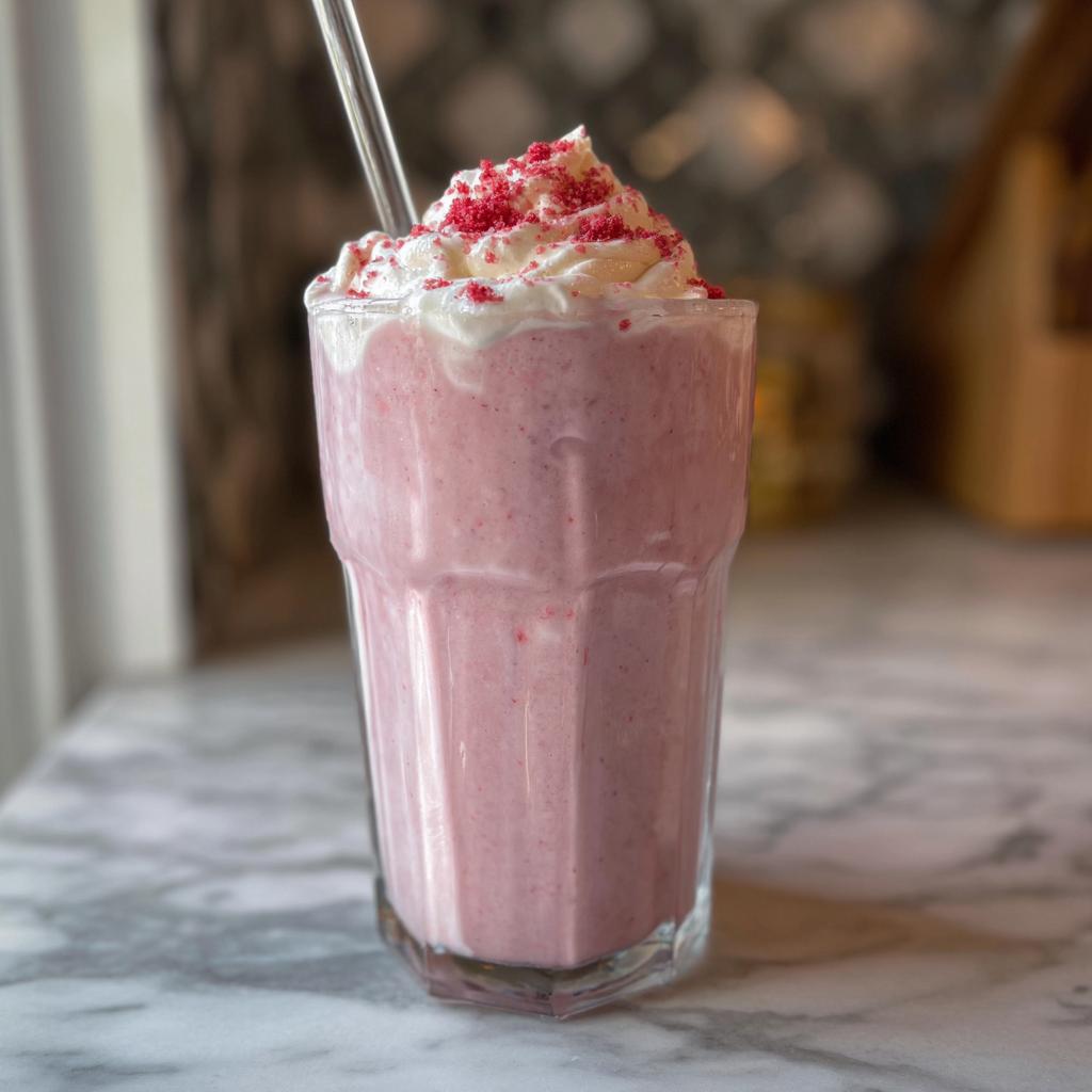 A refreshing pink strawberry frappuccino with whipped cream and red sprinkles, a perfect Starbucks drink recipe.