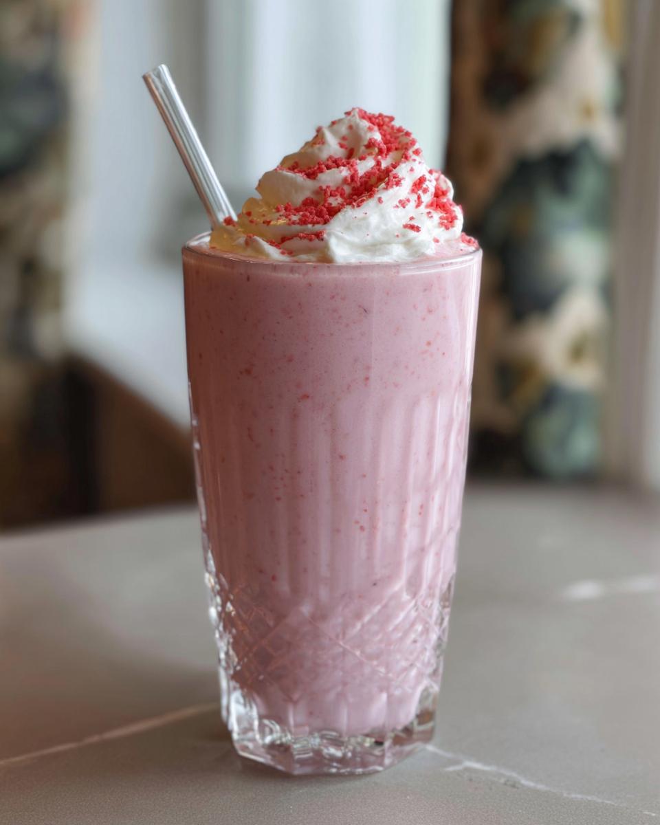 A delicious homemade Starbucks Strawberry Frappuccino with whipped cream and strawberry sprinkles.