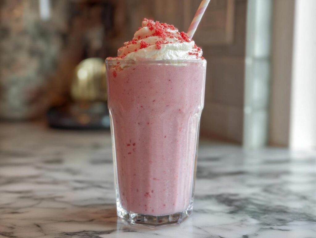 A refreshing Starbucks strawberry frappuccino recipe with whipped cream and pink sprinkles.