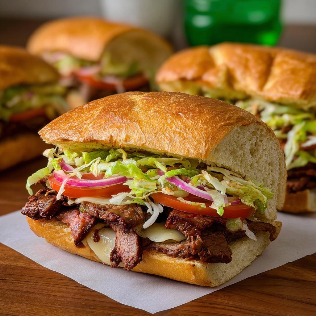A close-up of a hearty steak sandwich with melted cheese, lettuce, tomato, and red onion, part of 7-Ingredient Sandwich Ideas Recipes.