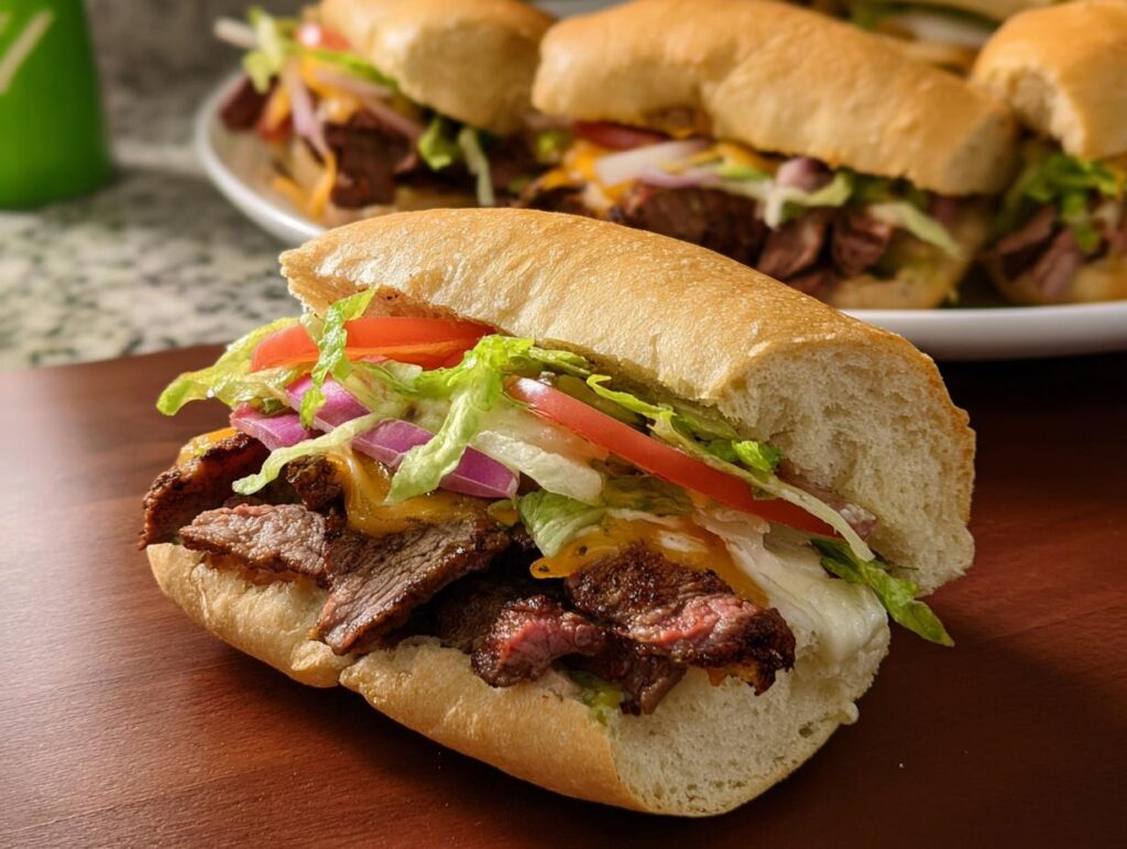 Close-up of a juicy steak sandwich with lettuce, tomato, onion, and cheese, part of 7-Ingredient Sandwich Ideas Recipes.