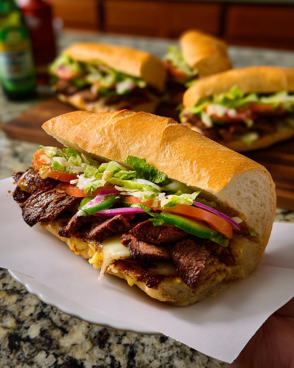 A close-up of a steak sandwich made with a long roll, grilled steak, cheese, lettuce, tomato, and red onion. Part of 7-Ingredient Sandwich Ideas Recipes.