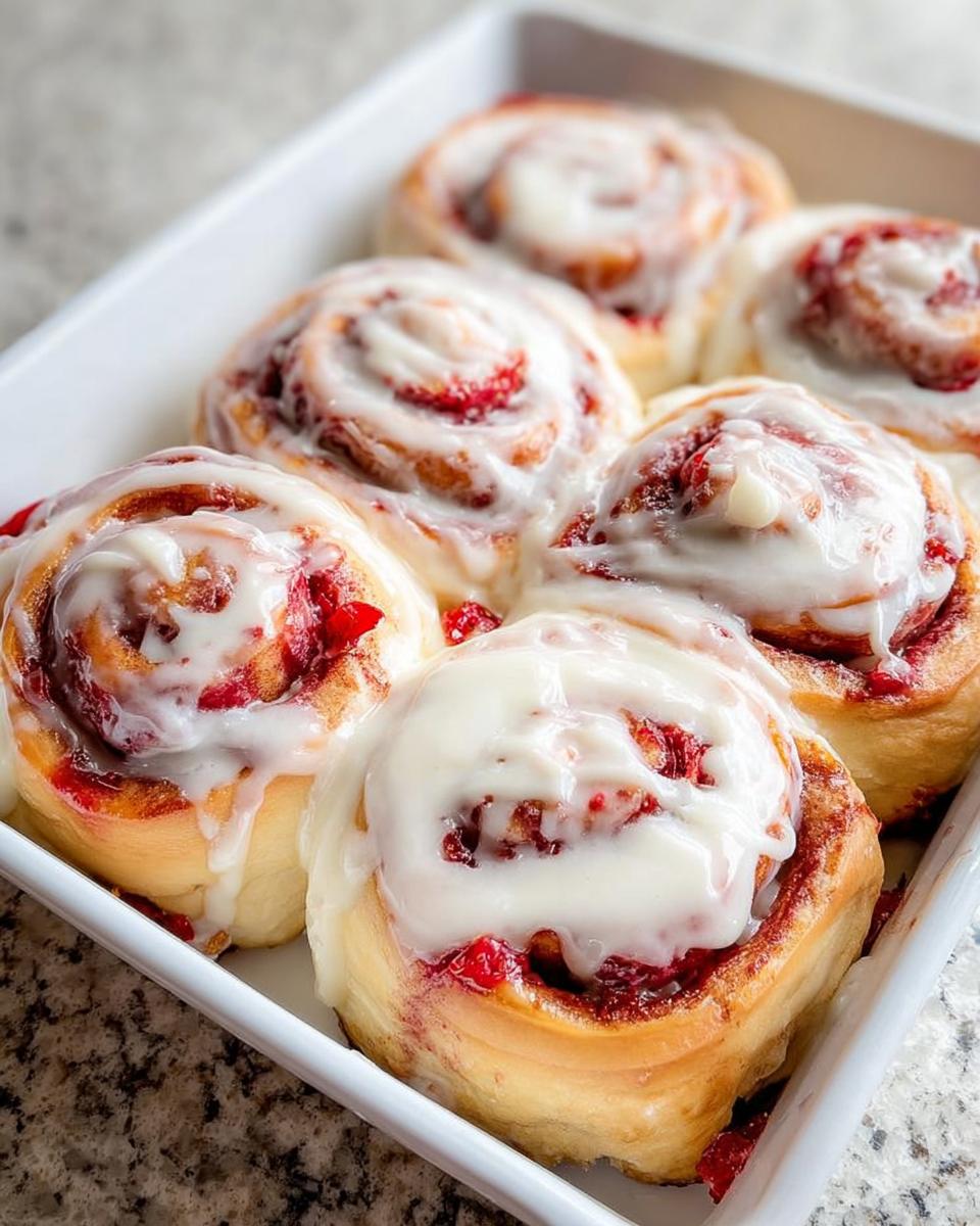 Close-up of sweet strawberry breakfast rolls drizzled with icing in a white baking dish.