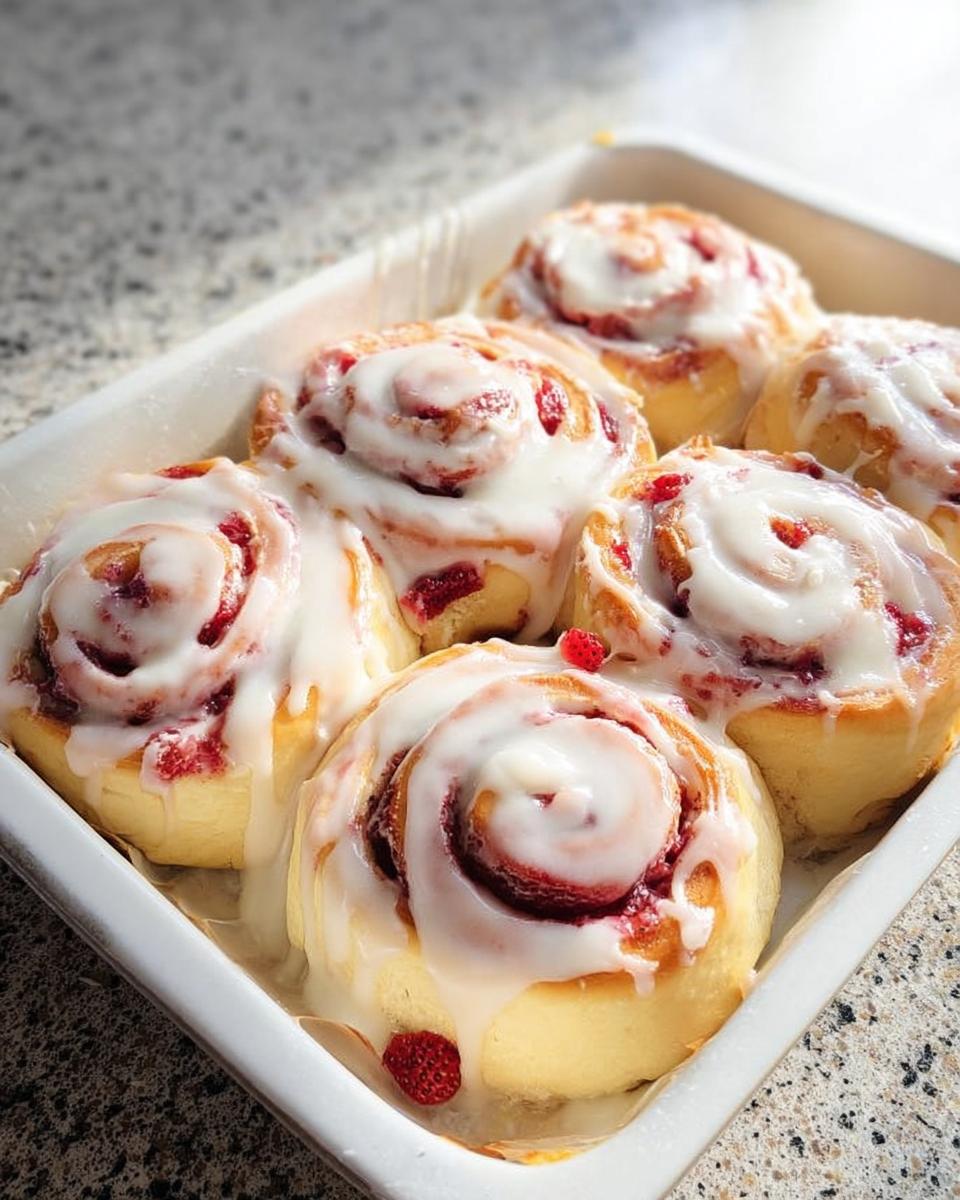 Close-up of freshly baked strawberry breakfast rolls drizzled with white icing, part of The Only Breakfast Ideas Recipes Recipe You’ll Need (2025).