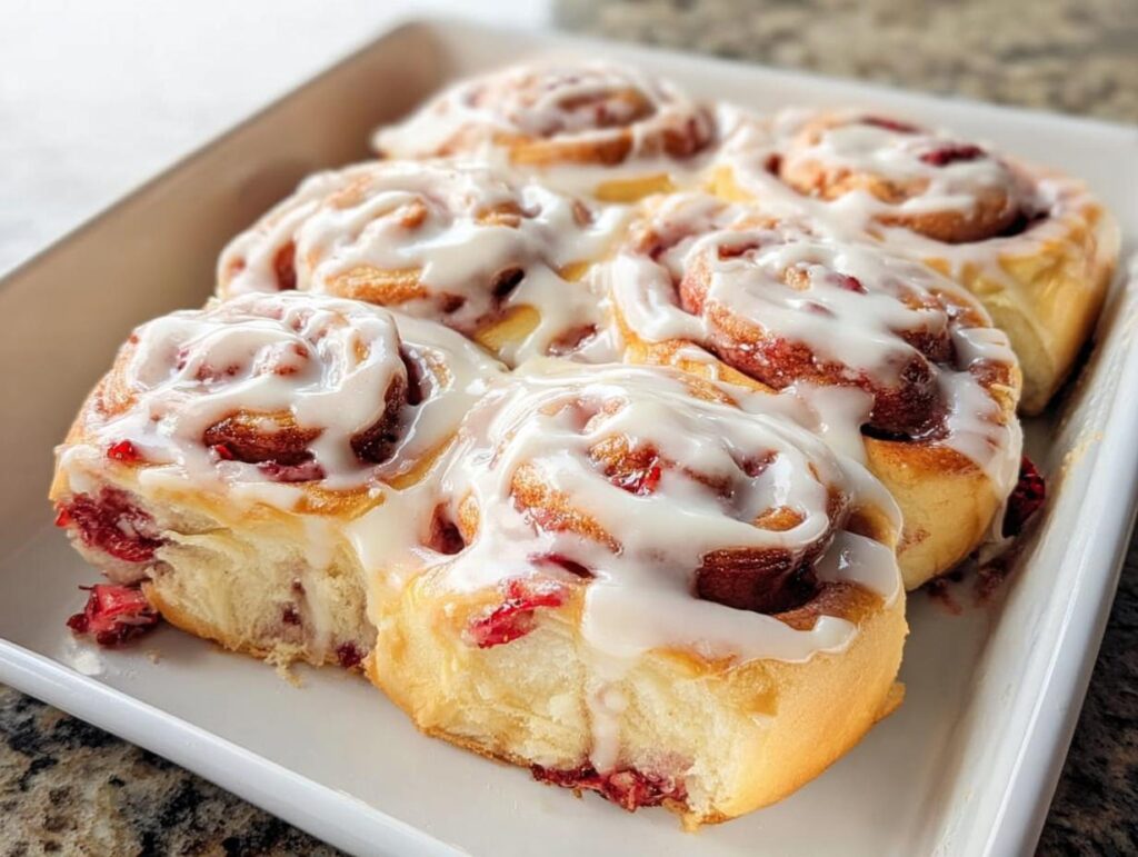Close-up of fluffy strawberry breakfast rolls drizzled with white icing in a baking dish.