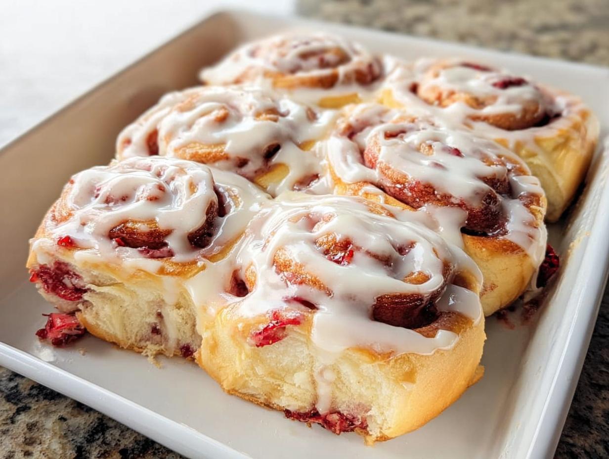 Close-up of fluffy strawberry breakfast rolls drizzled with white icing in a baking dish.