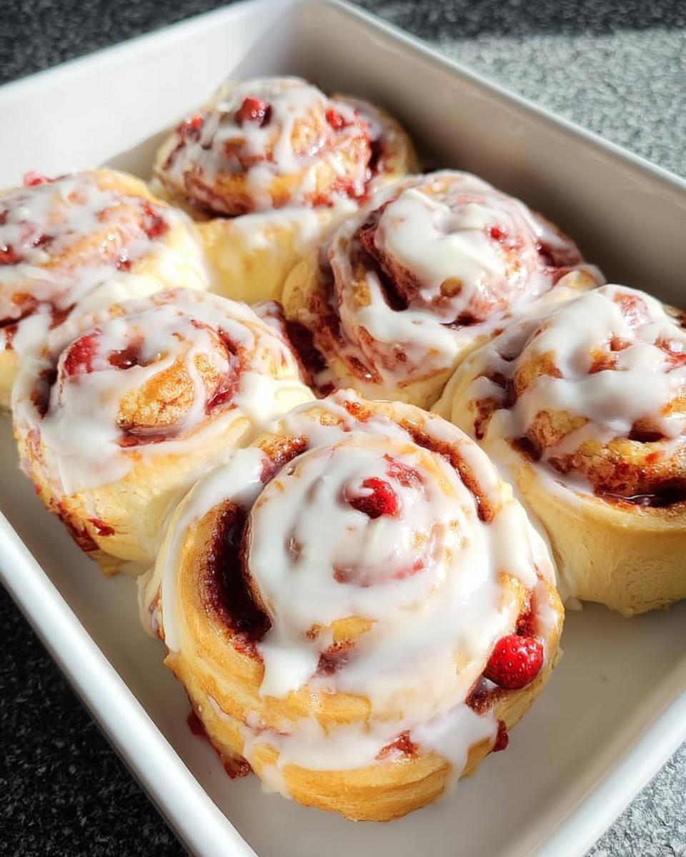Close-up of freshly baked strawberry cinnamon rolls drizzled with white icing, perfect for breakfast ideas recipes.