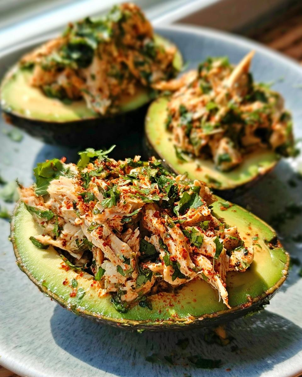 Close-up of avocado halves stuffed with shredded chicken salad and fresh herbs, a quick sandwich idea.