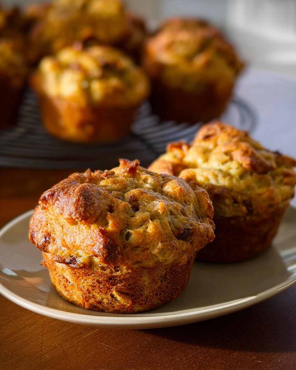 Close-up of golden-brown stuffing muffins on a plate, showcasing their rustic texture.