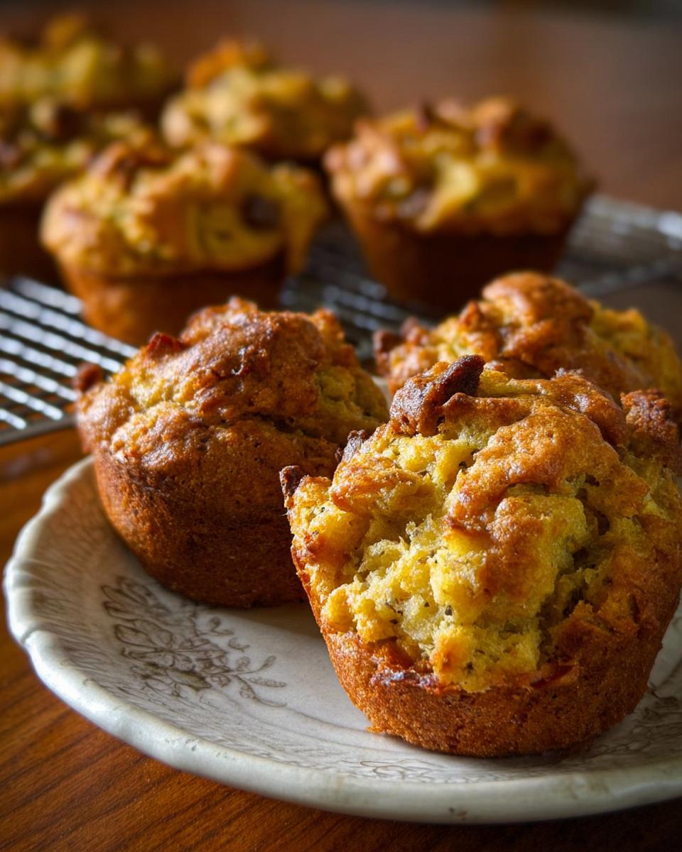 Close-up of golden-brown stuffing muffins on a decorative plate, perfect for beginner stuffing recipes.