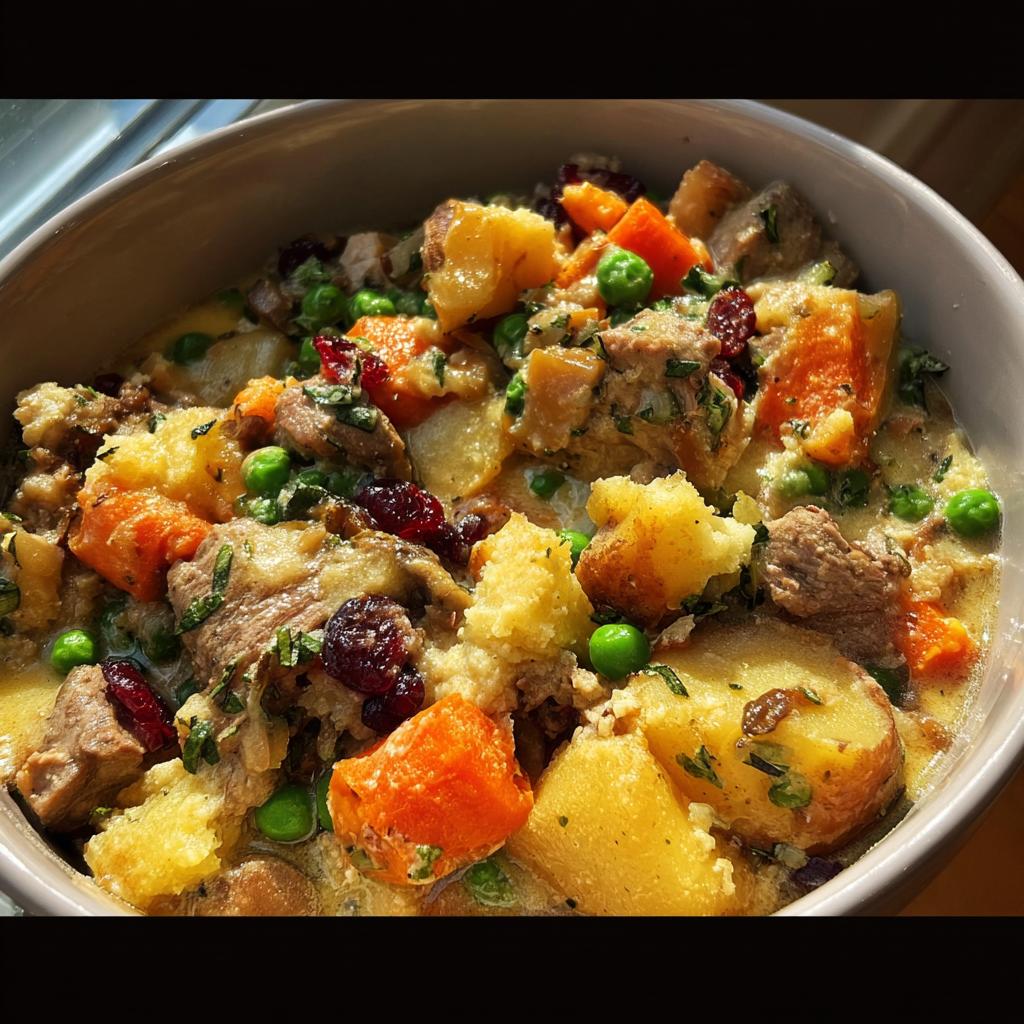 A close-up of a bowl filled with a hearty stuffing recipe, featuring chunks of meat, potatoes, carrots, peas, and cranberries in a creamy sauce.