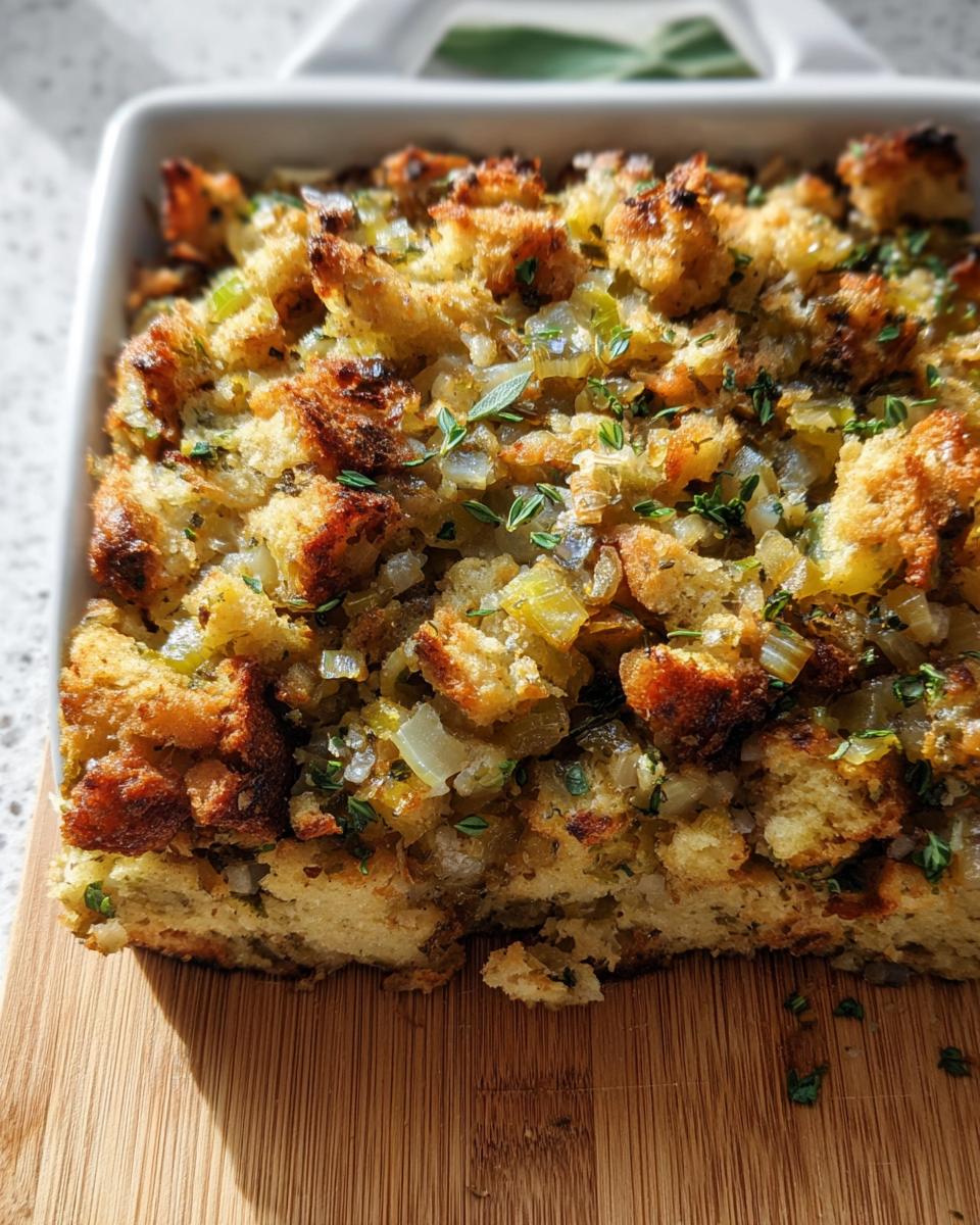 A close-up of a baked stuffing recipe in a white dish, featuring golden-brown bread cubes, celery, and onions, garnished with fresh herbs.