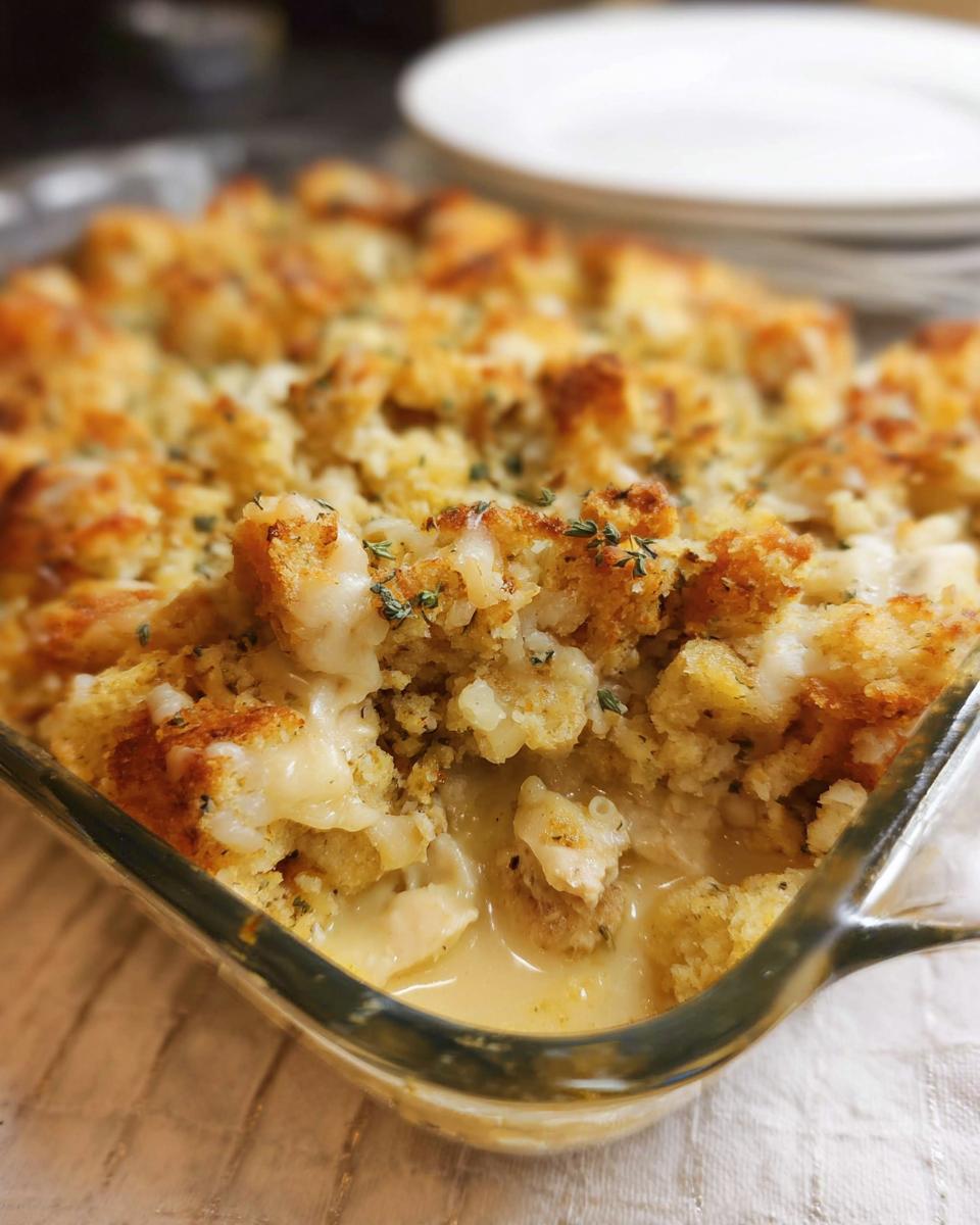 A close-up of a baked stuffing recipe casserole in a glass dish, with a golden-brown breadcrumb topping and creamy sauce.