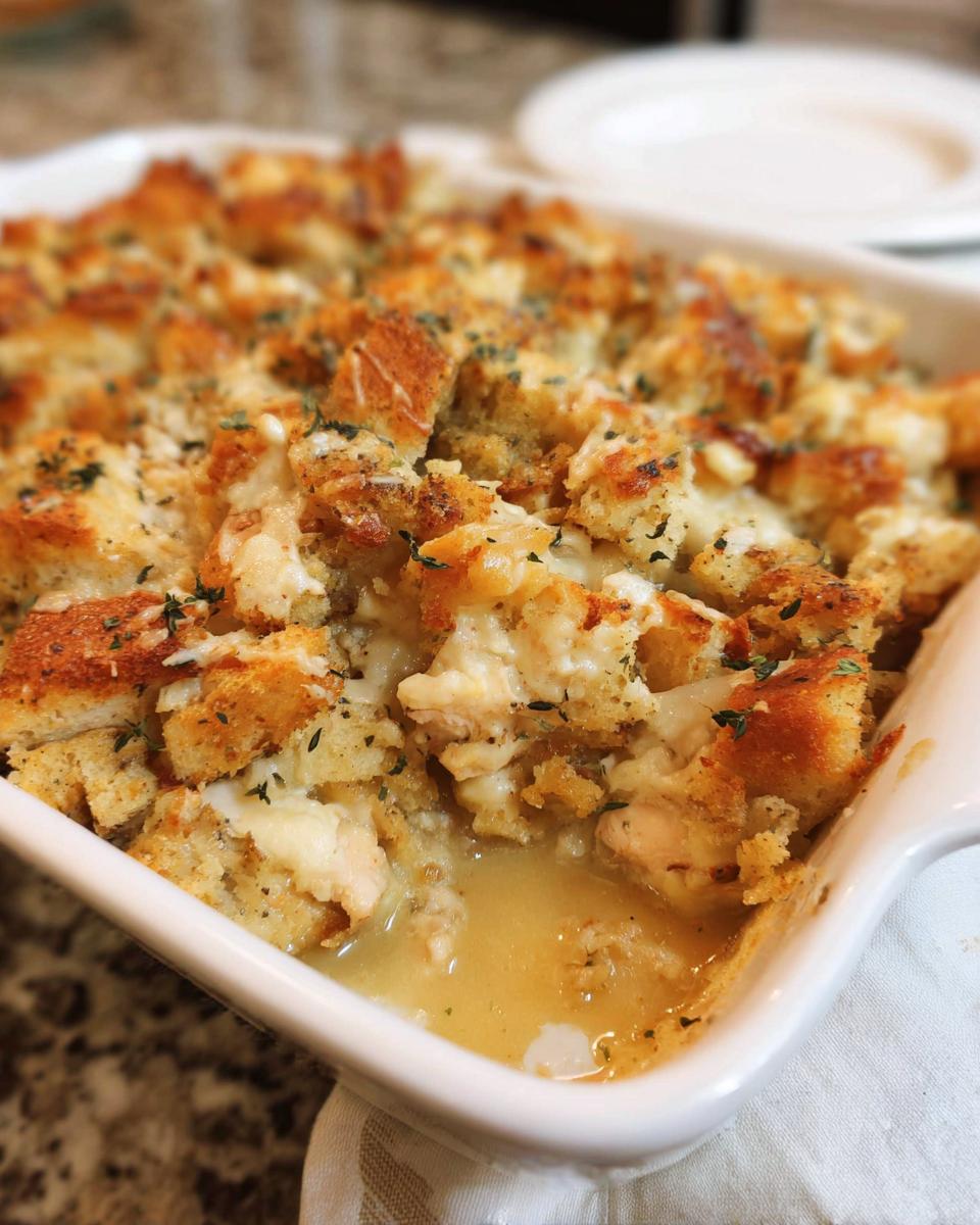 A close-up of a baked stuffing recipe casserole in a white dish, with golden-brown bread cubes and melted cheese.