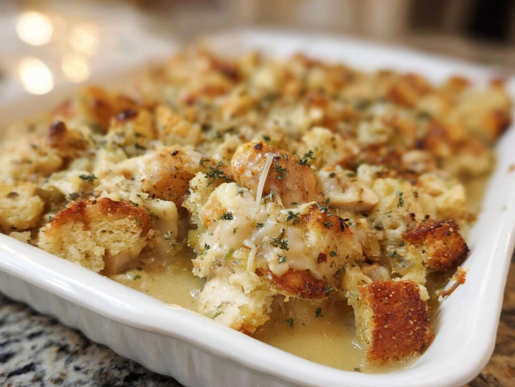 Close-up of a homemade stuffing recipe casserole in a white baking dish, topped with herbs and melted cheese.