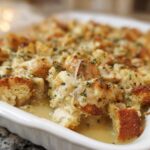 Close-up of a homemade stuffing recipe casserole in a white baking dish, topped with herbs and melted cheese.