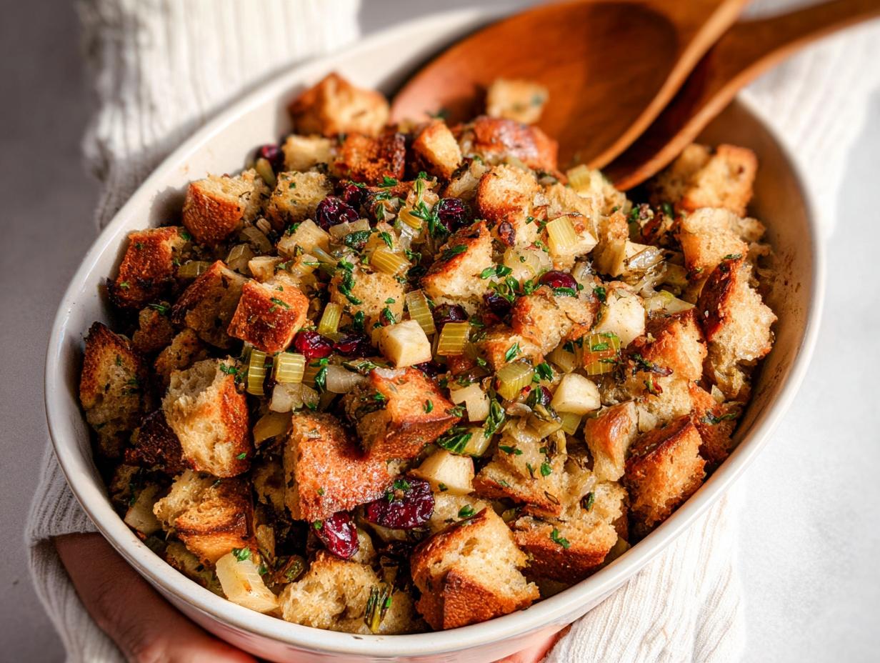A close-up of a festive stuffing recipe in a baking dish, featuring toasted bread cubes, cranberries, celery, and herbs.