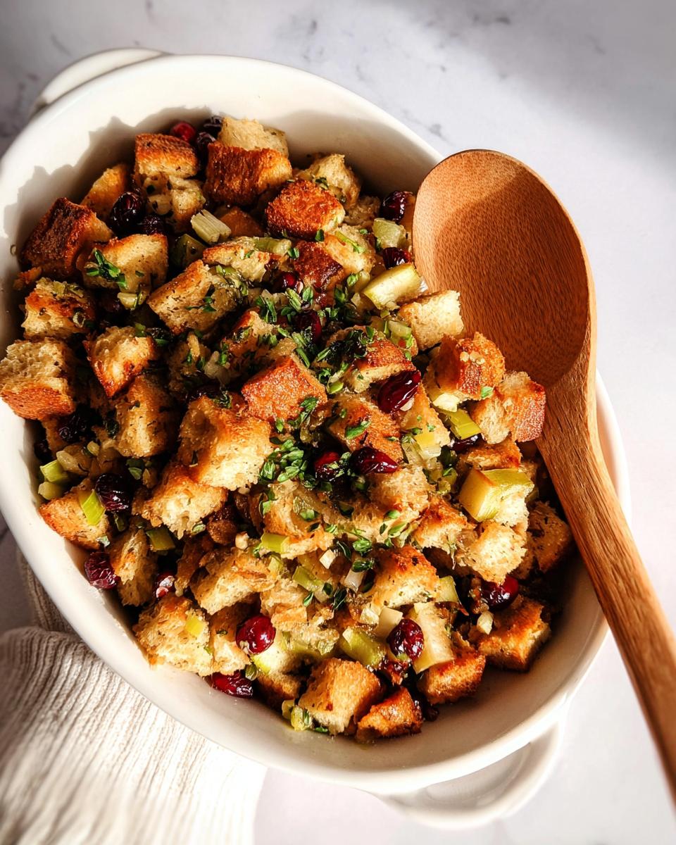 A close-up of a white baking dish filled with homemade stuffing, featuring bread cubes, cranberries, celery, and herbs, with a wooden spoon.