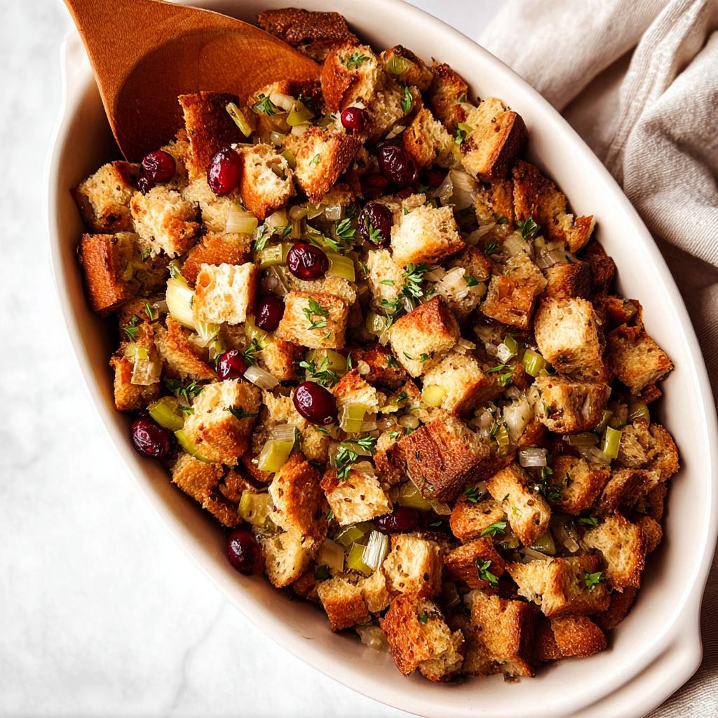 A close-up overhead view of a creamy white baking dish filled with golden-brown stuffing, featuring cubes of bread, cranberries, celery, and herbs.