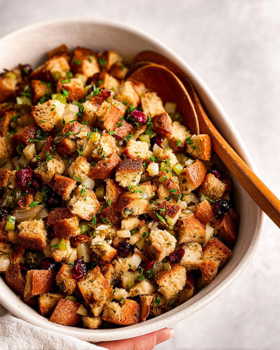 A close-up of a bowl of homemade stuffing, featuring toasted bread cubes, cranberries, celery, and herbs.