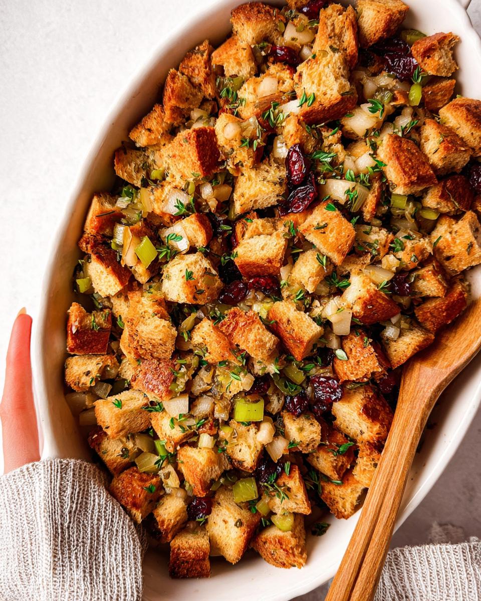 A close-up of a festive stuffing recipe in a white baking dish, featuring toasted bread cubes, cranberries, celery, and herbs.