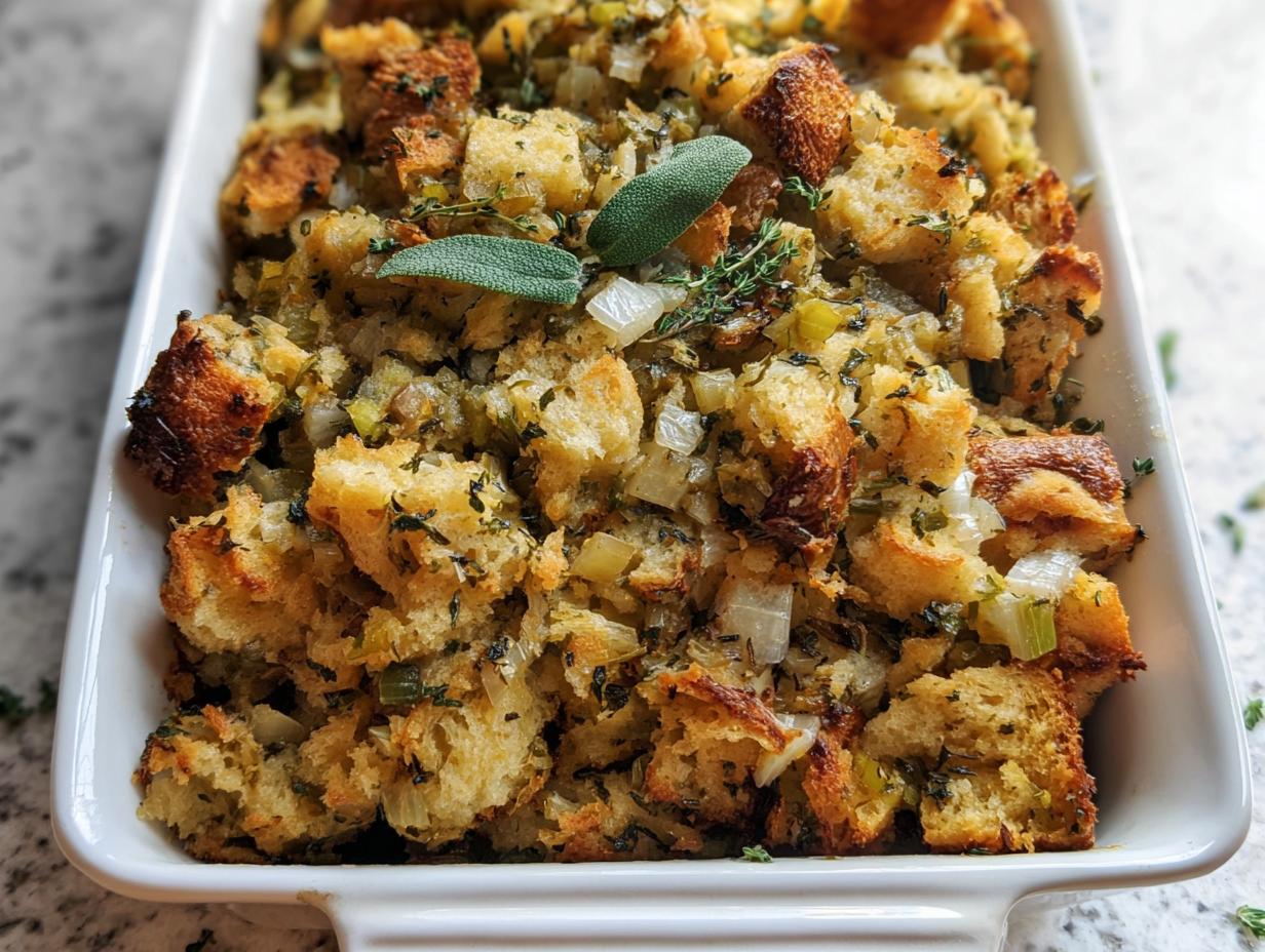 Close-up of a white baking dish filled with homemade stuffing, featuring toasted bread cubes, onions, celery, and herbs.