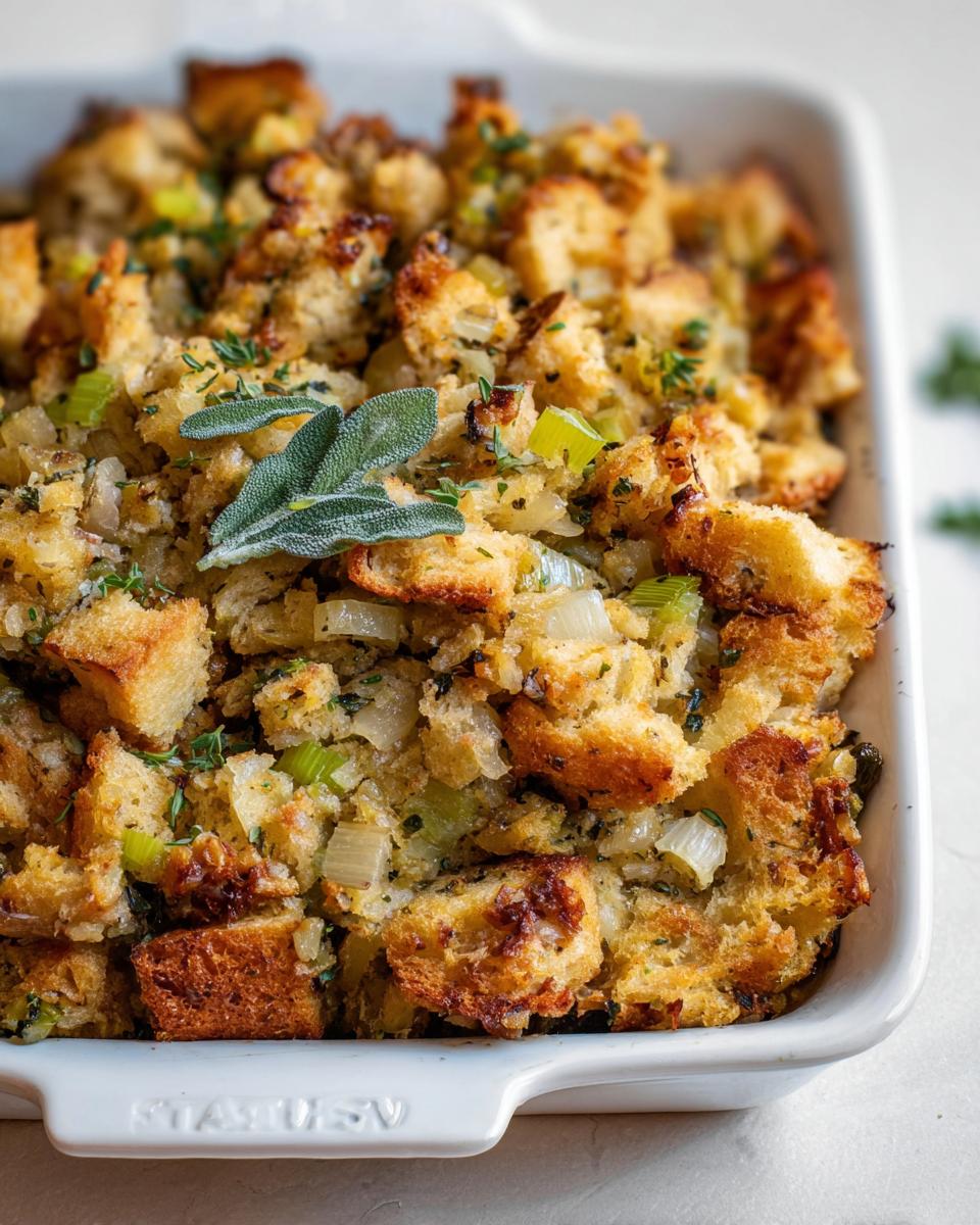 Close-up of a white baking dish filled with golden-brown stuffing, garnished with sage leaves and herbs. This is a great stuffing recipe for meal prep.