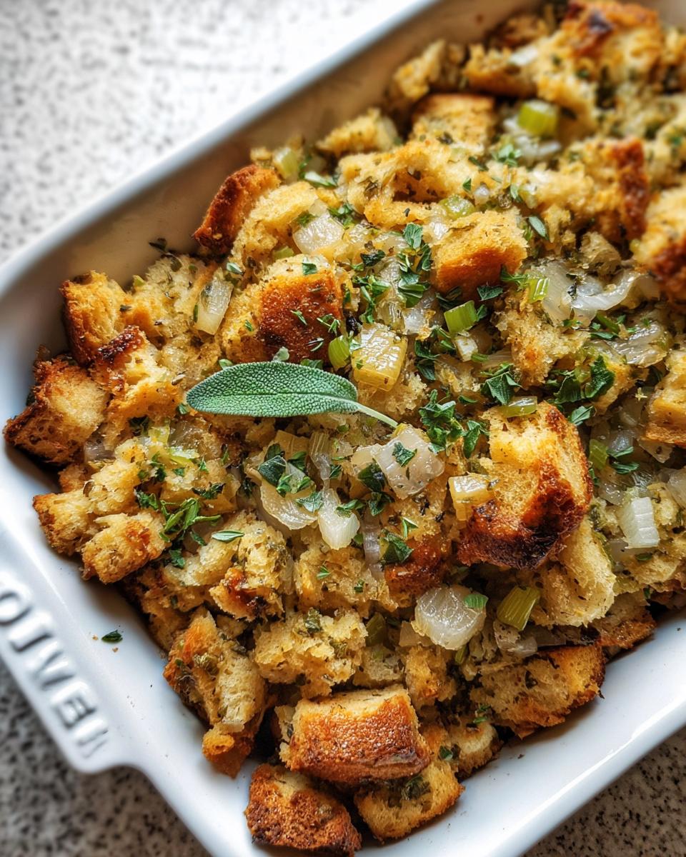 Close-up of a white baking dish filled with golden-brown bread cubes, onions, celery, and herbs, a sage leaf on top.