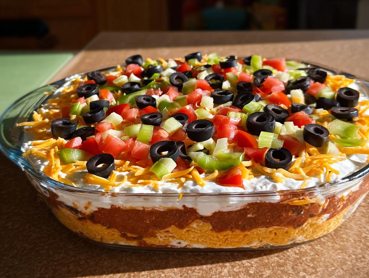 A vibrant 7 layer dip with refried beans, cheese, sour cream, tomatoes, olives, and green peppers, perfect for Taco Tuesday recipes.