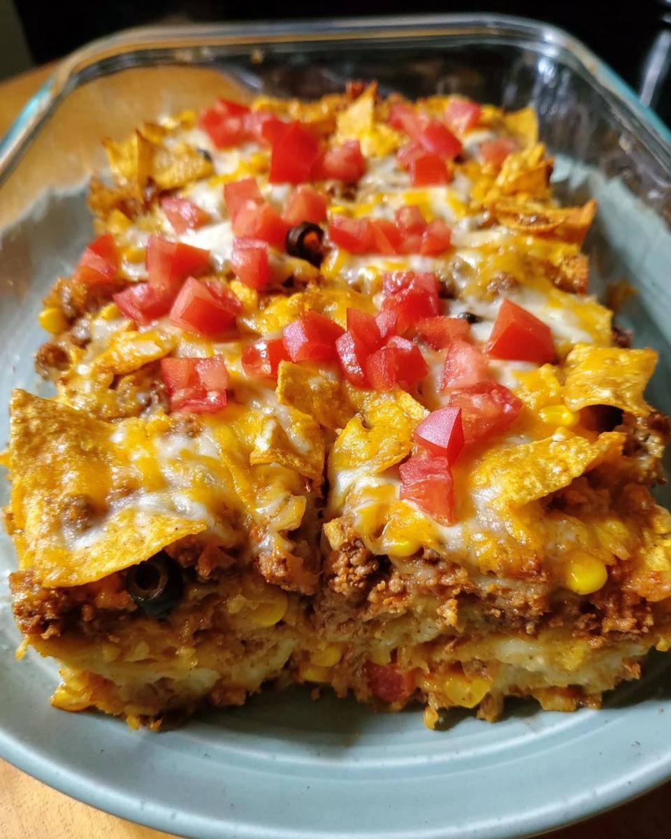 A close-up of a layered Taco Tuesday casserole in a glass baking dish, topped with melted cheese, crushed tortilla chips, and diced tomatoes.