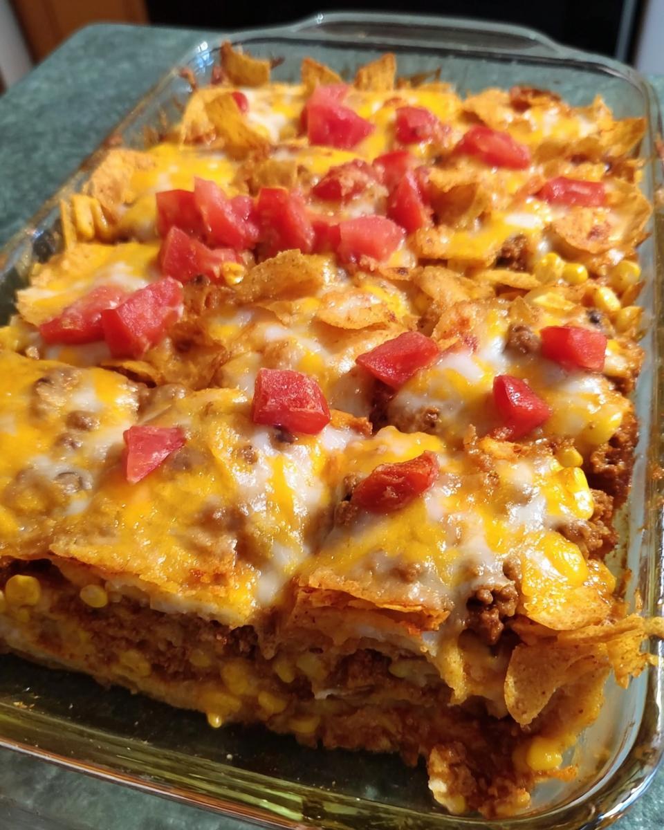 A close-up of a bubbling taco casserole with melted cheese, tortilla chips, corn, and diced tomatoes.