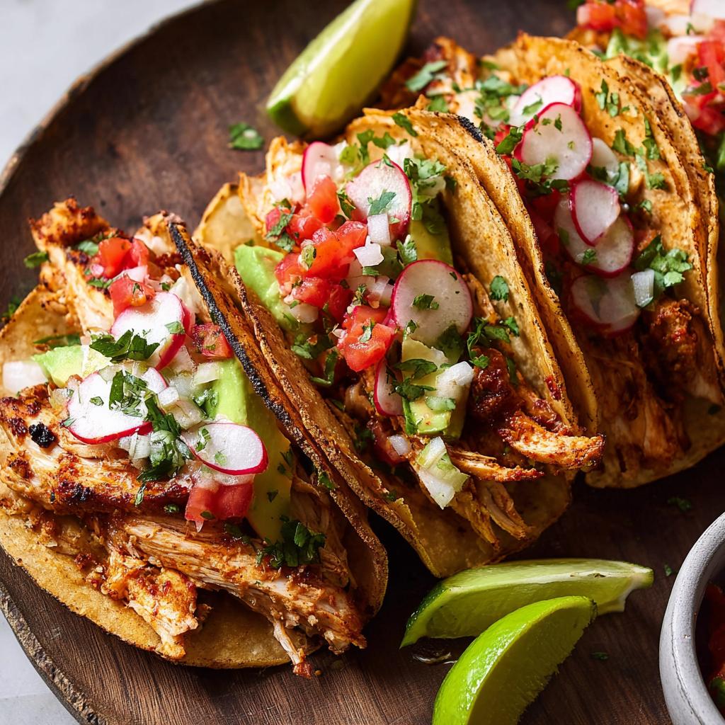 Close-up of three chicken tacos with avocado, radish, tomato, and cilantro, perfect for Taco Tuesday recipes meal prep.