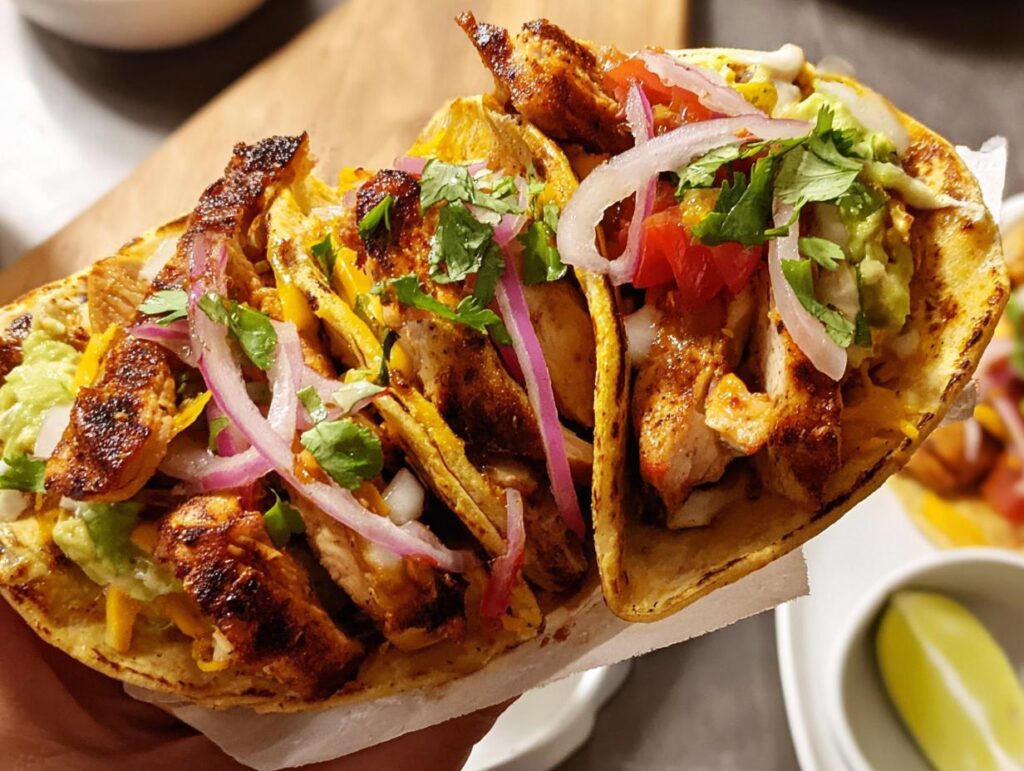 Close-up of two juicy chicken tacos filled with grilled chicken, guacamole, salsa, red onion, and cilantro.