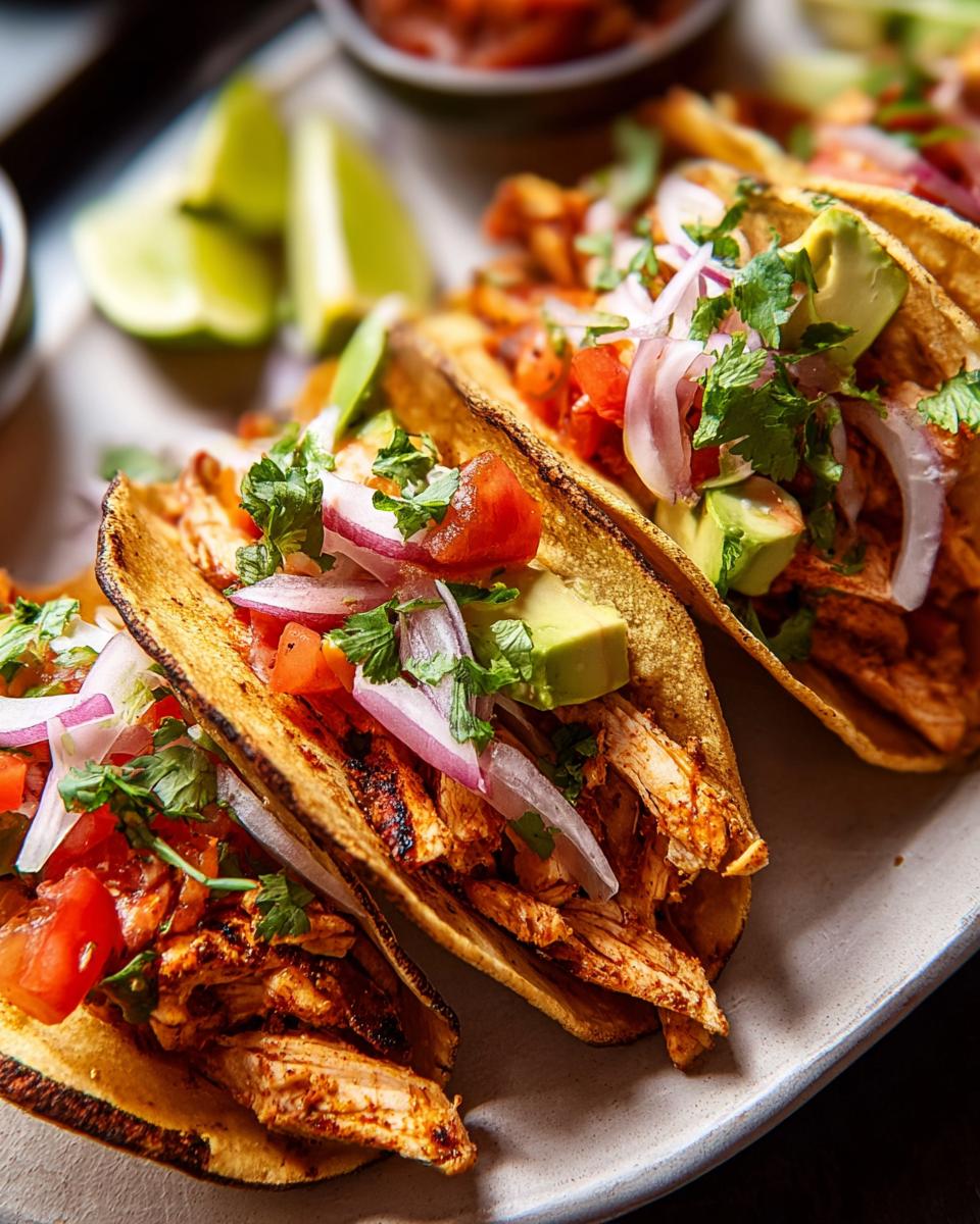 Close-up of three chicken tacos filled with shredded chicken, avocado, tomato, red onion, and cilantro, perfect for Taco Tuesday meal prep.