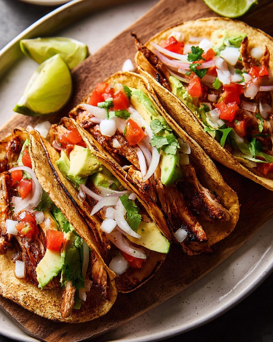 Close-up of four chicken tacos on a wooden board, topped with avocado, tomato, onion, and cilantro. Perfect for Taco Tuesday Recipes Meal Prep.