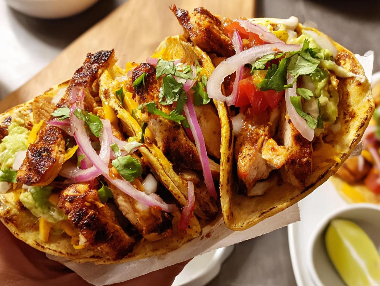 Close-up of two juicy chicken tacos filled with grilled chicken, guacamole, salsa, red onion, and cilantro.