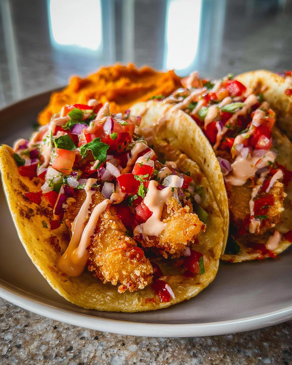 Close-up of two crispy fish tacos topped with pico de gallo and a creamy sauce, served with mashed sweet potatoes, perfect for Taco Tuesday recipes.