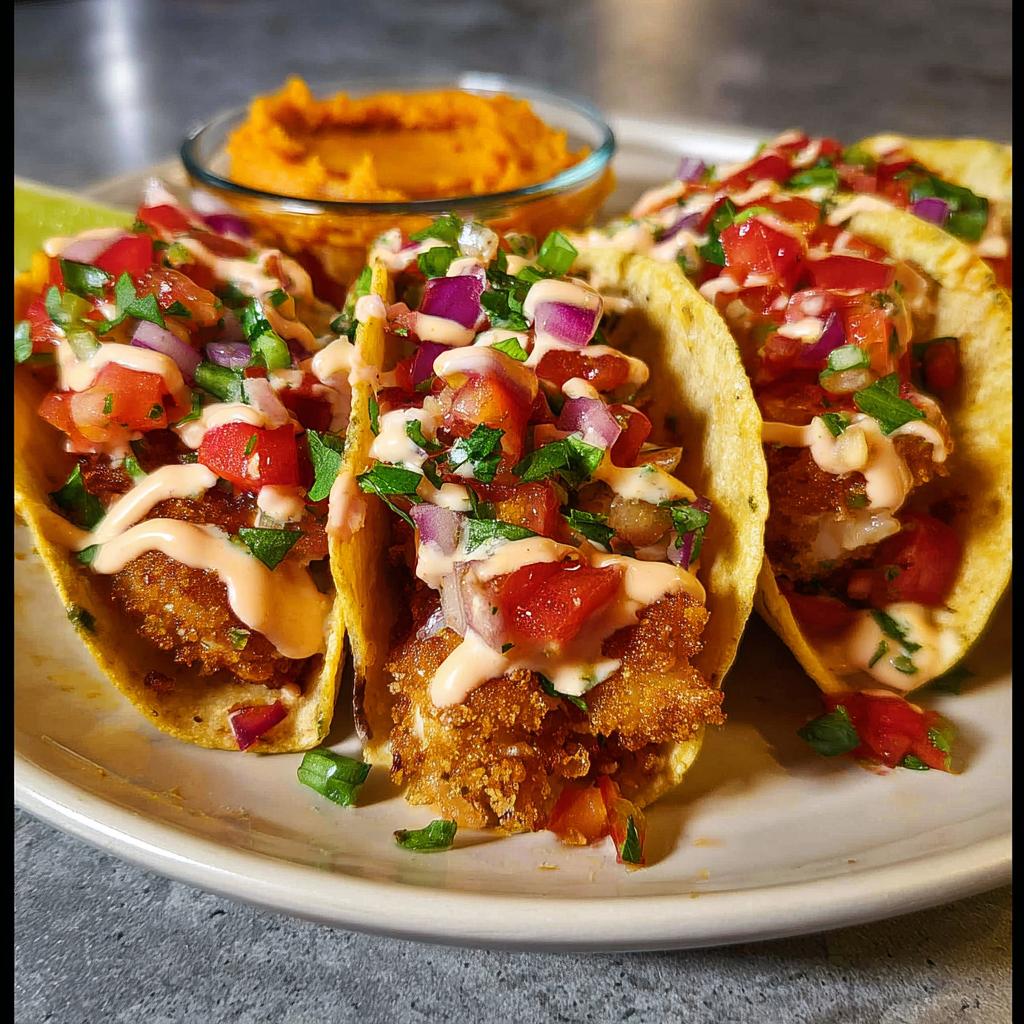 Three crispy fish tacos topped with pico de gallo, sauce, and cilantro, perfect for Taco Tuesday recipes.