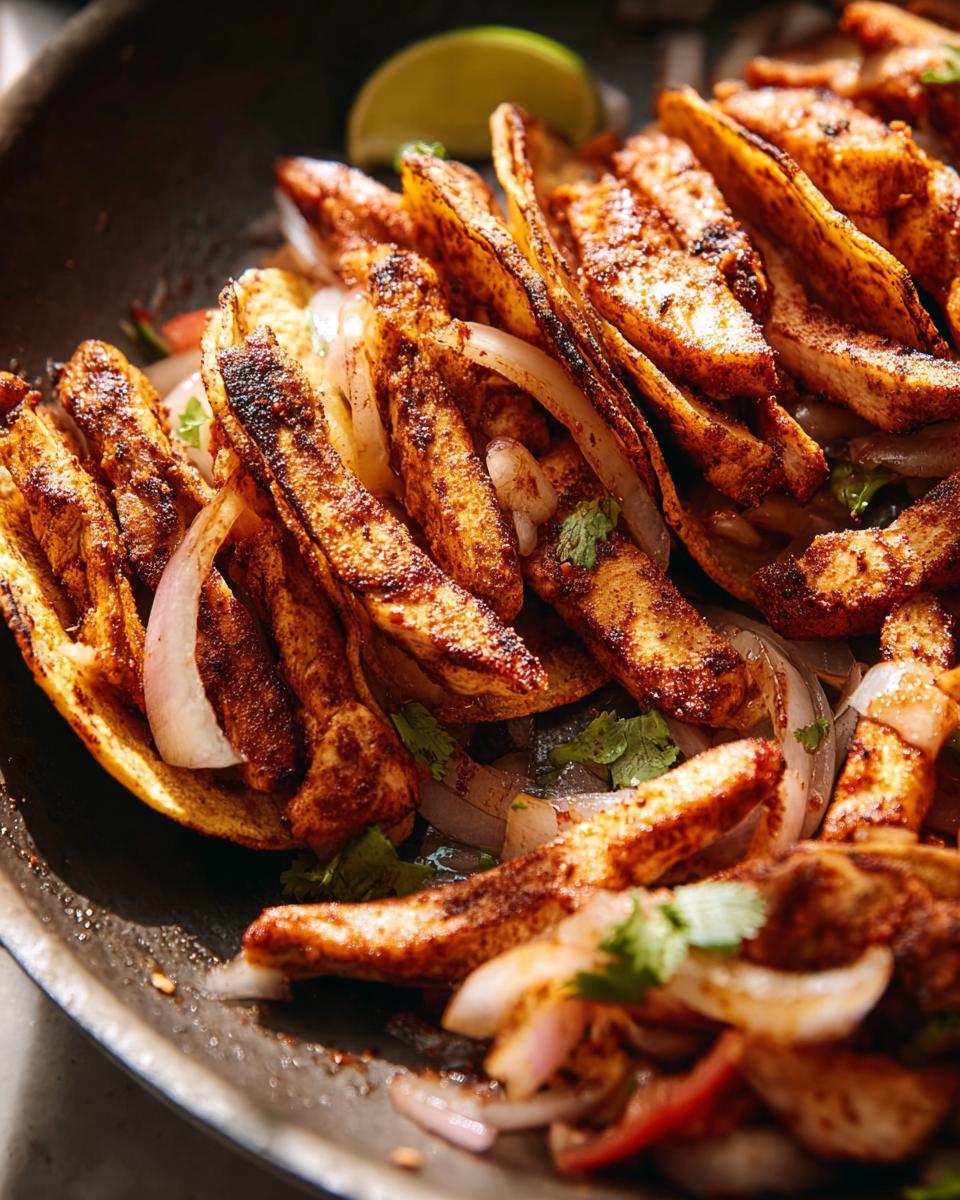 Close-up of seasoned chicken strips and onions in taco shells, perfect for Taco Tuesday meal prep.