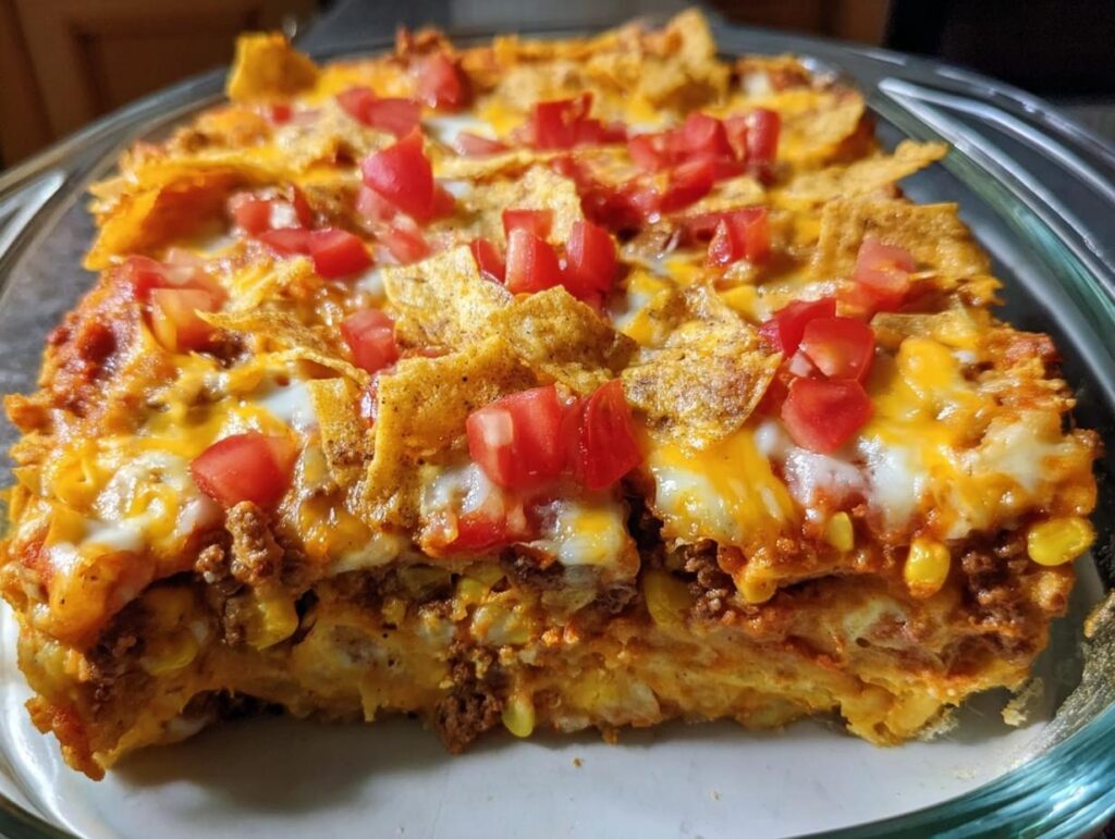 A close-up of a hearty Taco Tuesday recipe casserole, layered with seasoned ground beef, corn, cheese, and crushed tortilla chips, topped with diced tomatoes.