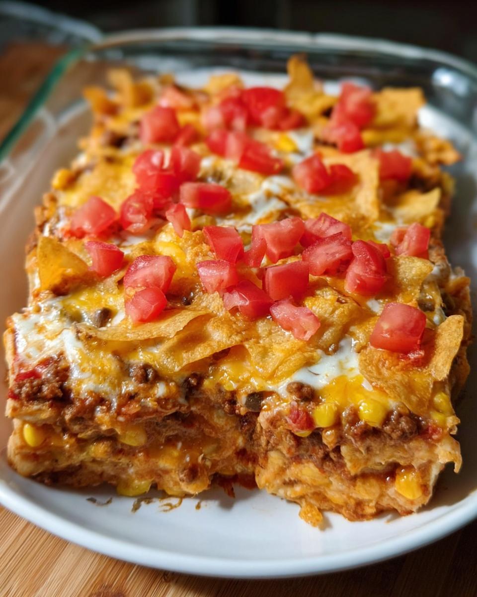 Close-up of a layered Taco Tuesday casserole with ground beef, corn, cheese, tortilla chips, and diced tomatoes.