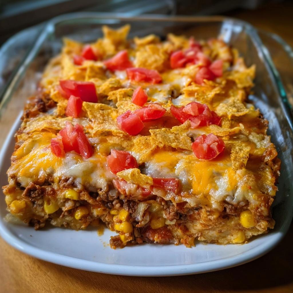 A close-up of a cheesy taco casserole, topped with crushed tortilla chips and diced tomatoes, perfect for Taco Tuesday recipes.