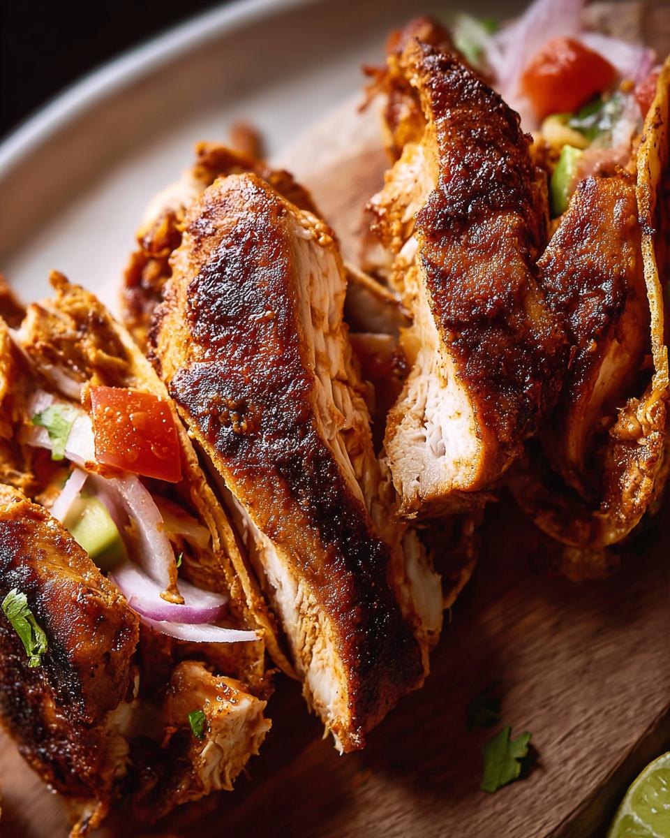 Close-up of sliced, seasoned chicken for Taco Tuesday recipes, with fresh tomato and onion filling.
