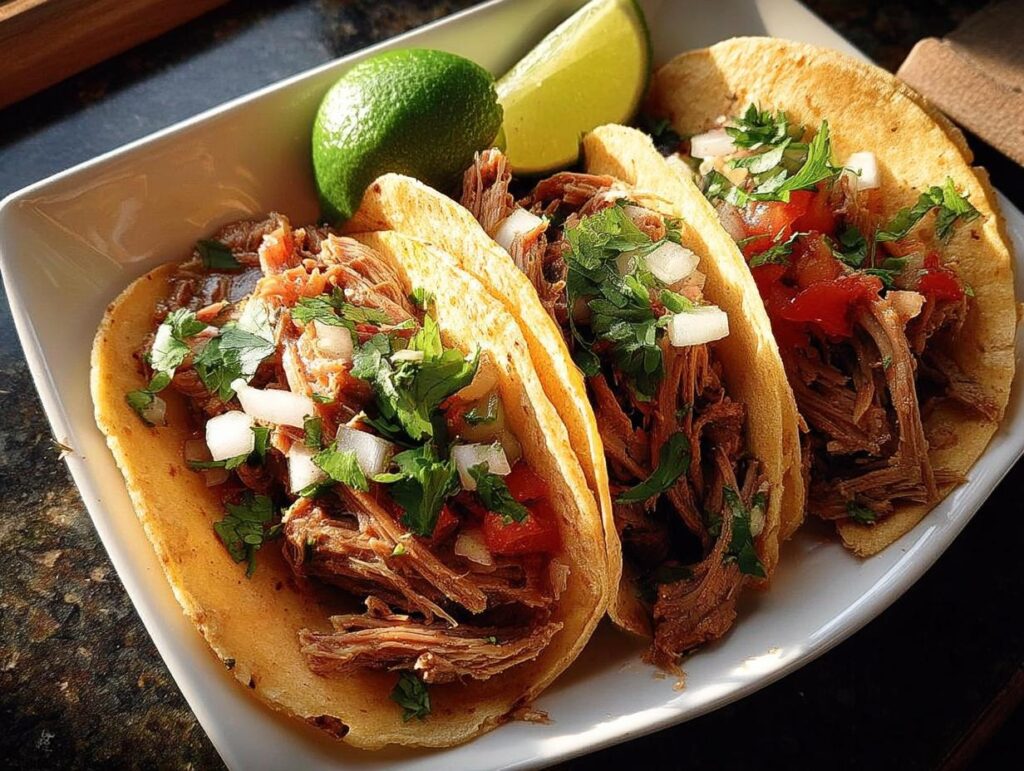 Three delicious shredded meat tacos, topped with onions and cilantro, served with lime wedges for Taco Tuesday.