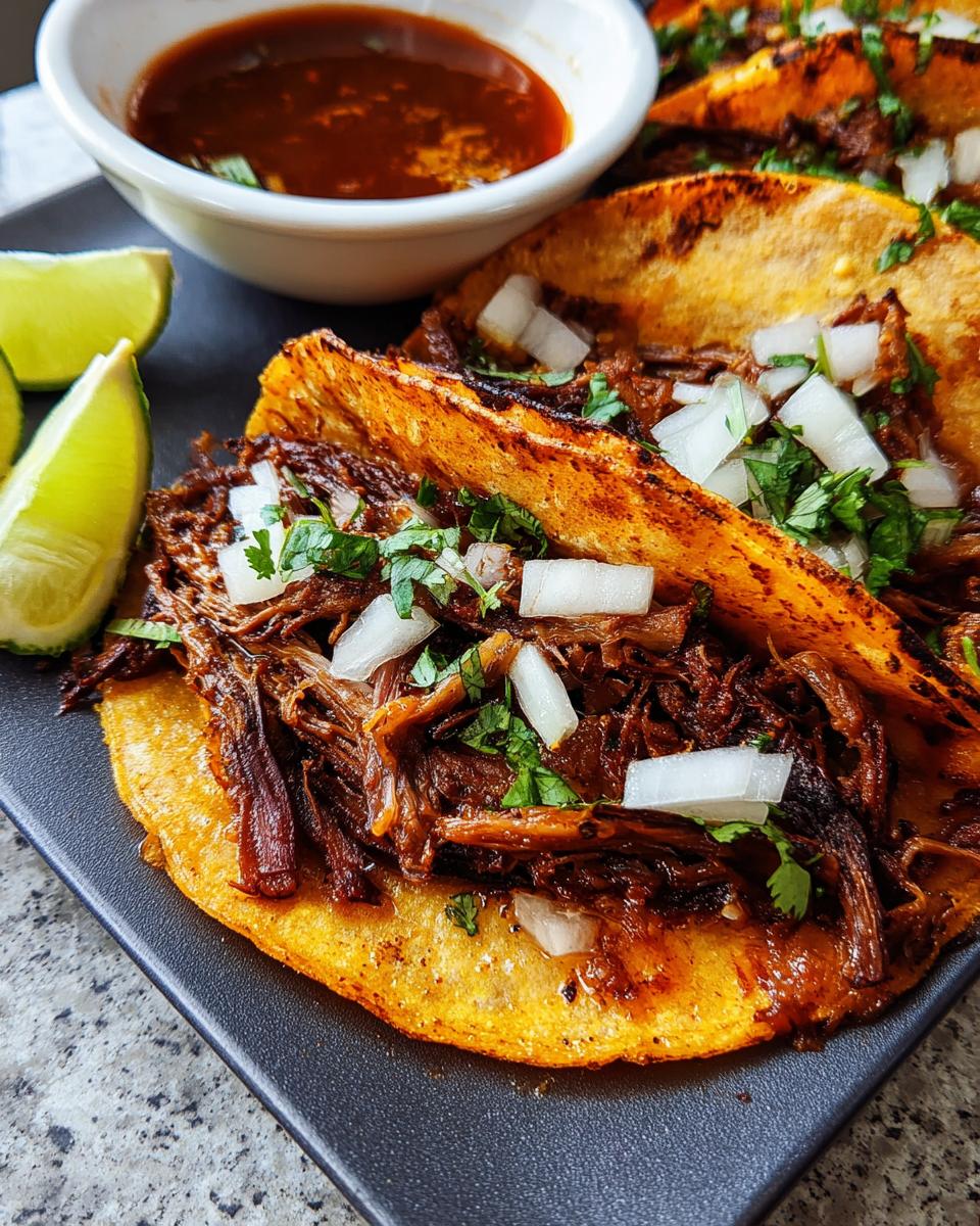 Close-up of a delicious shredded meat taco, topped with onions and cilantro, served with lime wedges and dipping sauce.
